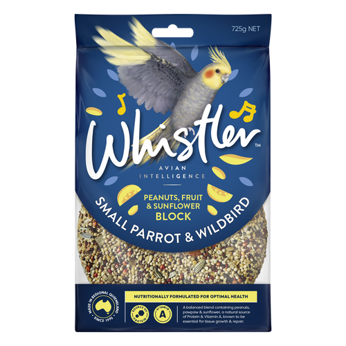 WHISTLER SMALL WILDBIRD & PARROT BLOCK WITH PEANUTS, FRUIT & SUNFLOWER 725G