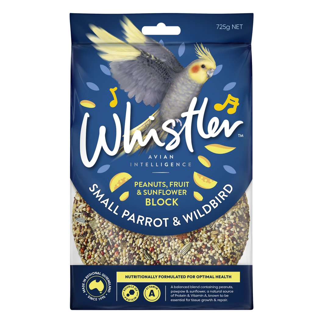 WHISTLER SMALL WILDBIRD & PARROT BLOCK WITH PEANUTS, FRUIT & SUNFLOWER 725G