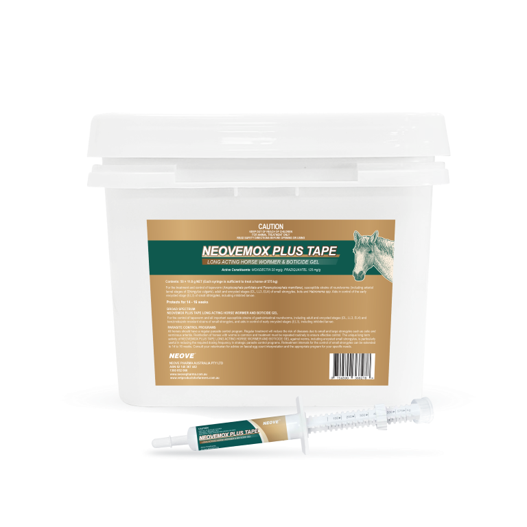 NEOVEMOX PLUS TAPE LONG ACTING HORSE WORMER AND BOTICIDE GEL 11.8g BUCKET OF 50